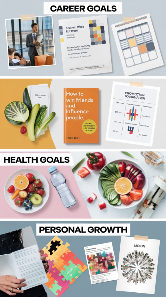 A vision board with clear sections for Career Goals, Health Goals, and Personal Growth in 2025.