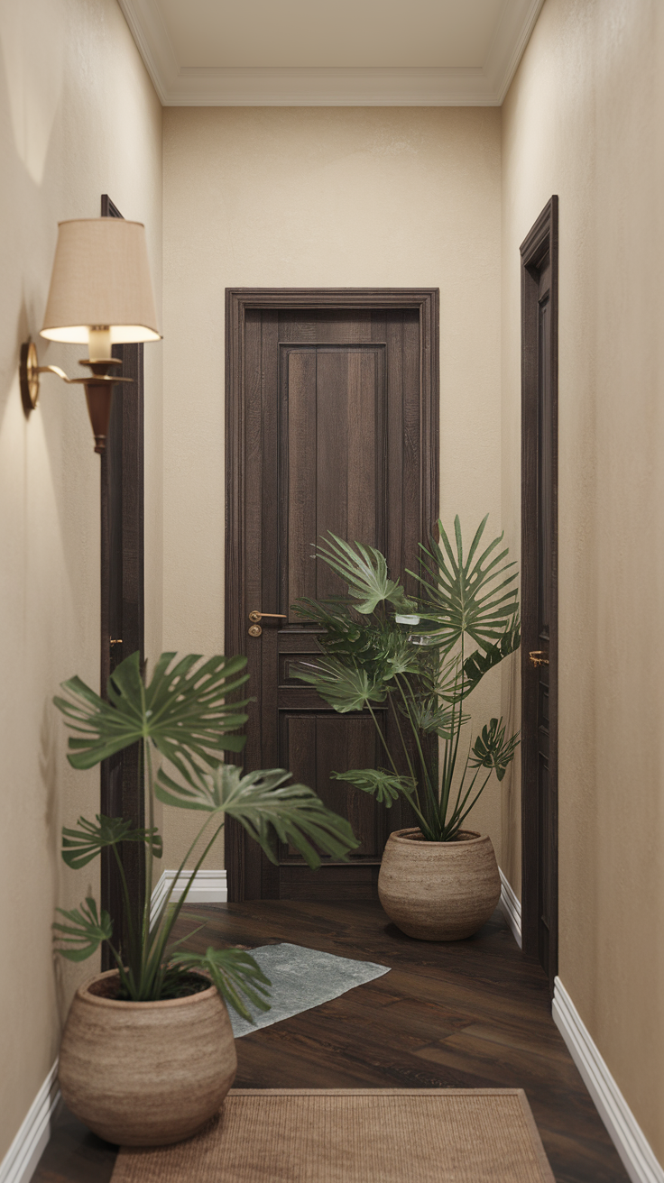 A hallway with potted plants and wooden doors.