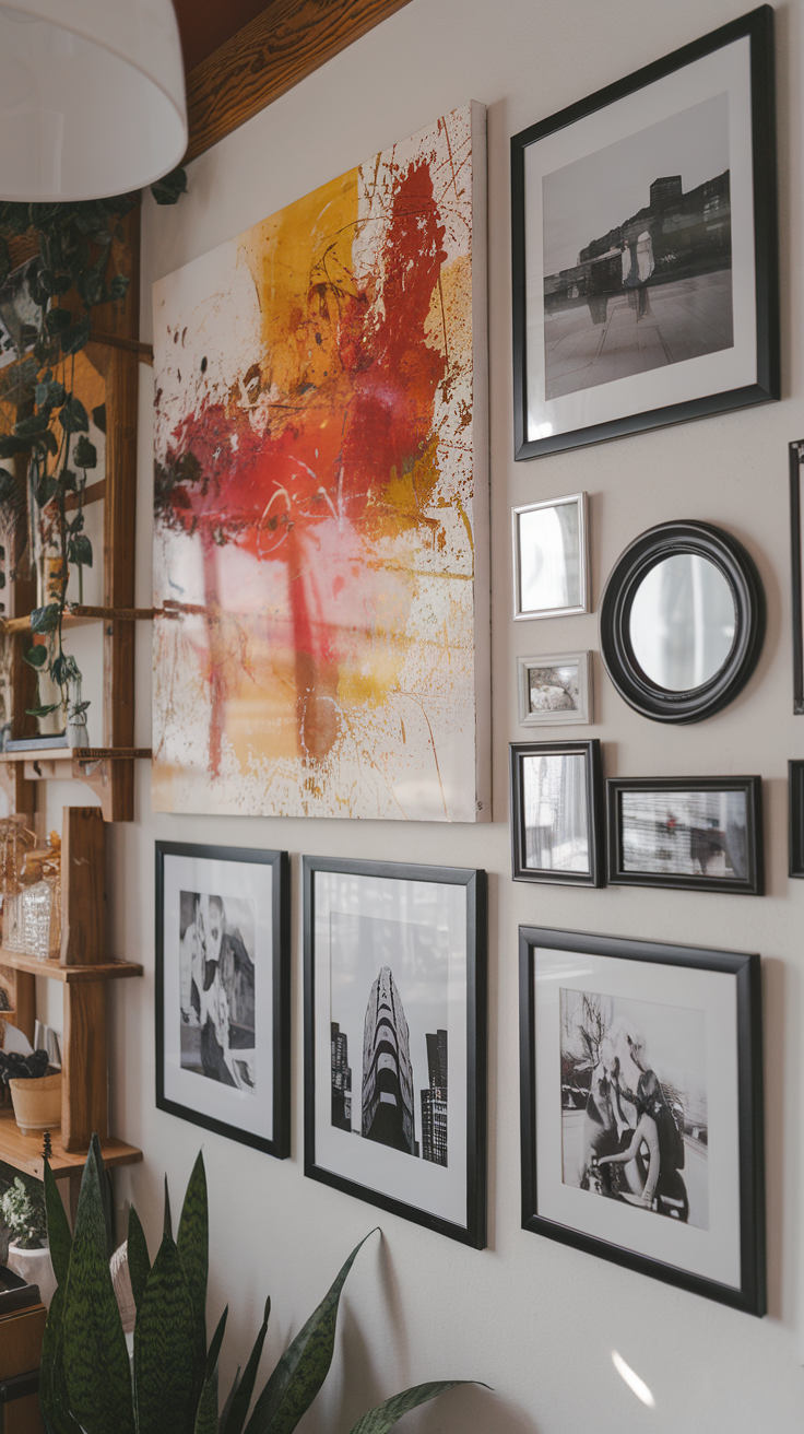 A wall display featuring colorful artwork and black-and-white framed photos.