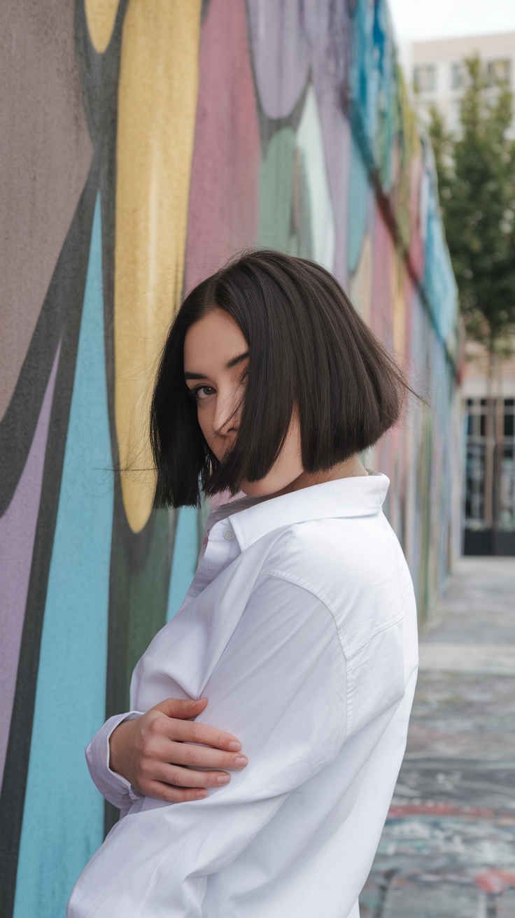 A person with an asymmetrical bob hairstyle standing in front of a colorful mural.