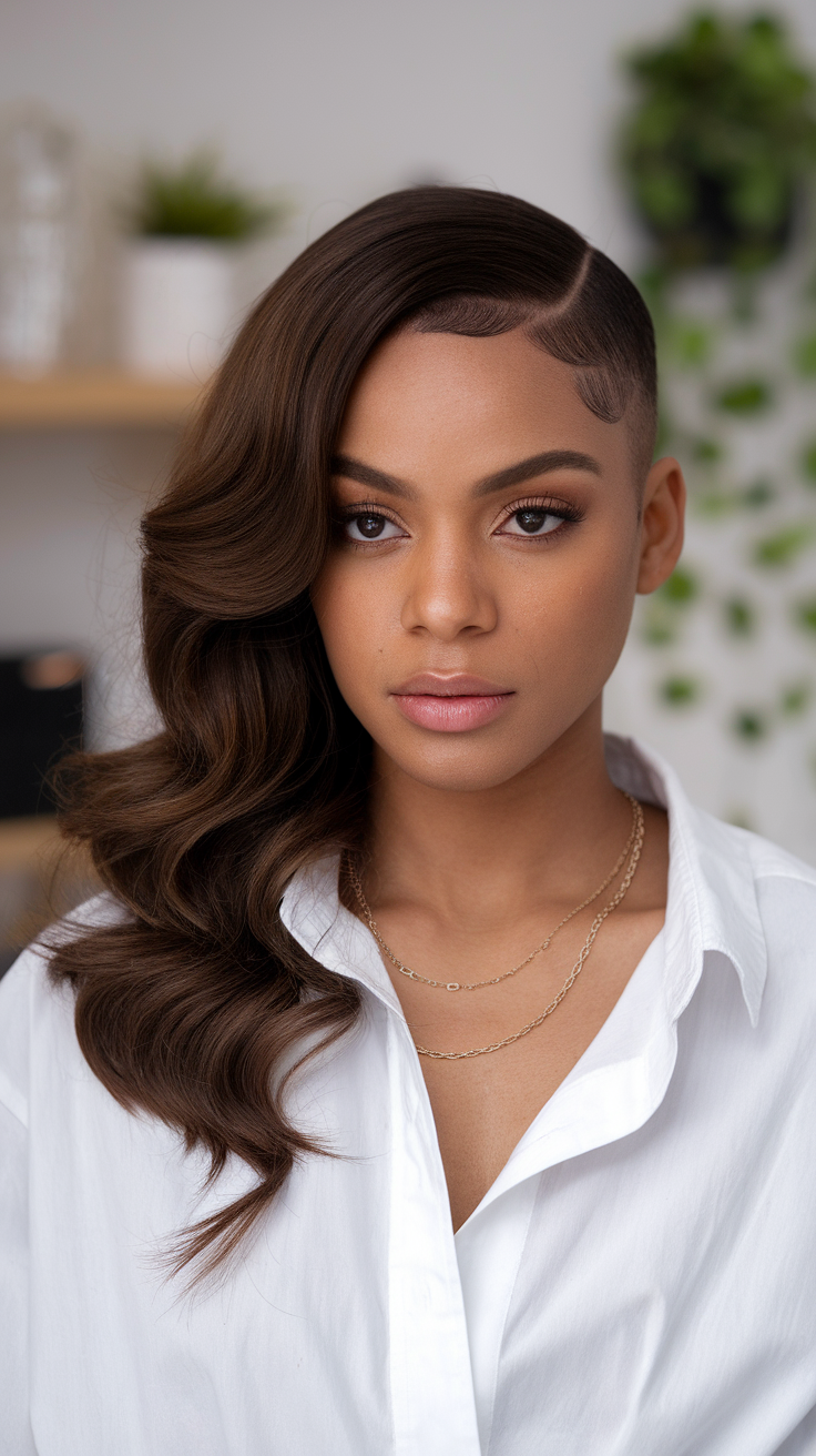 A woman with an asymmetrical haircut featuring long waves on one side and a shaved side, wearing a white shirt.