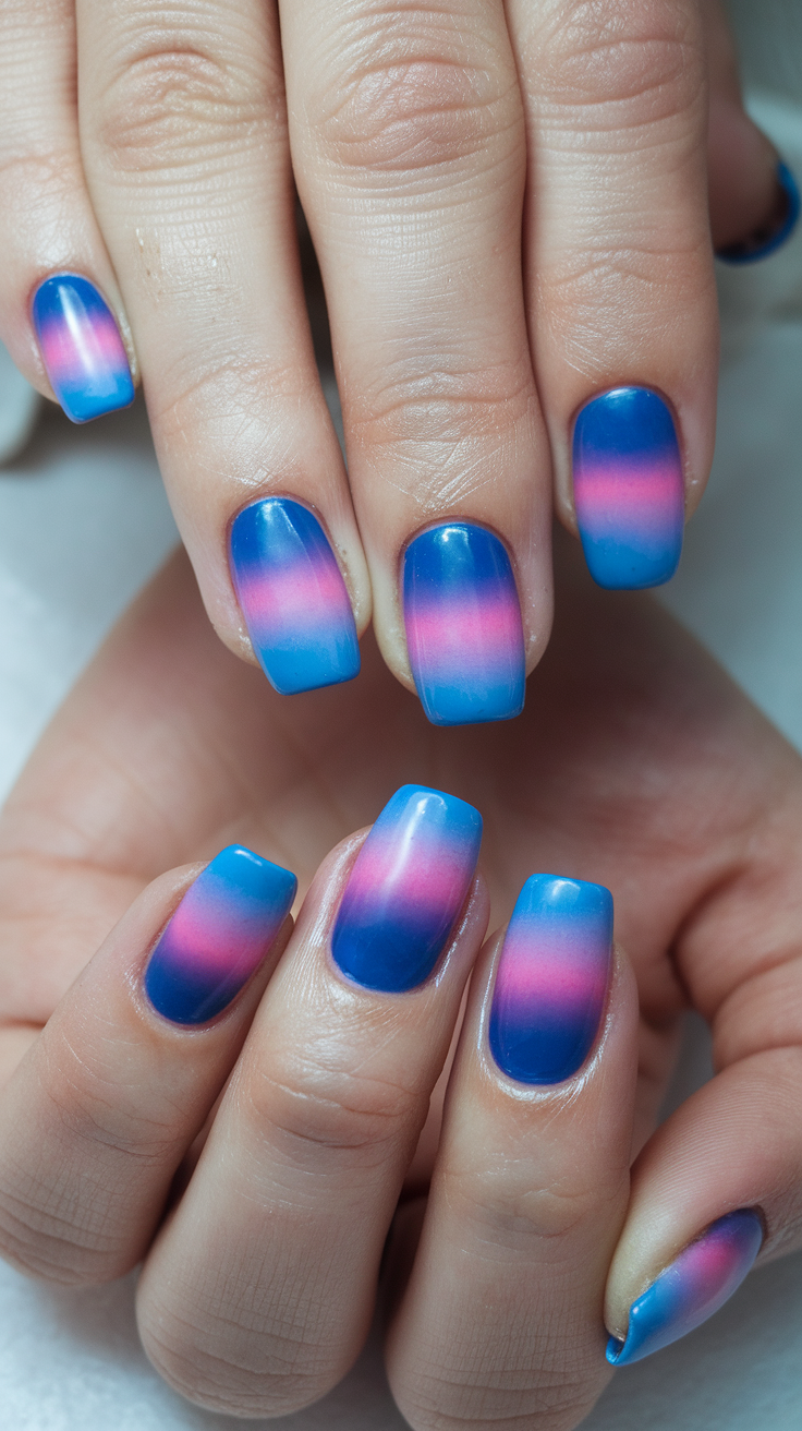 Nails with a gradient design in blue and pink colors.