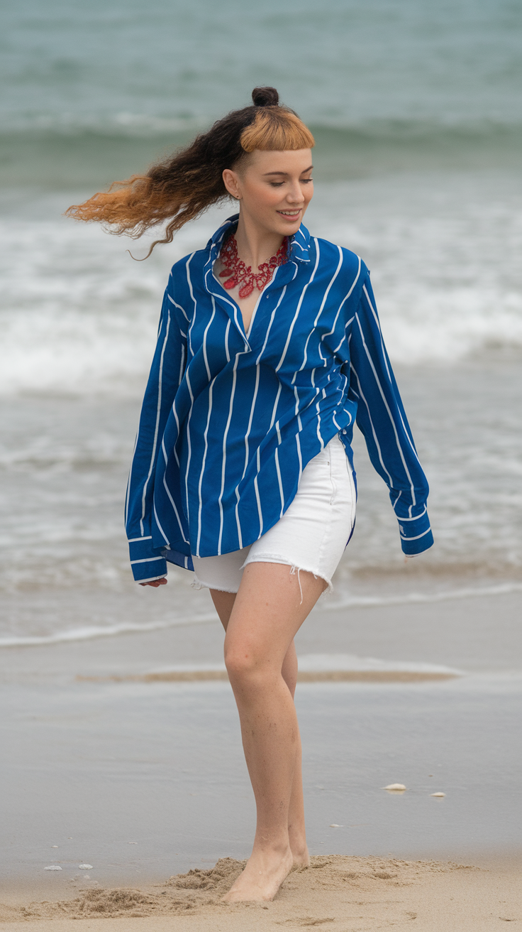 A person walking on the beach with a bold undercut and wavy hair, wearing a blue striped shirt and white shorts.