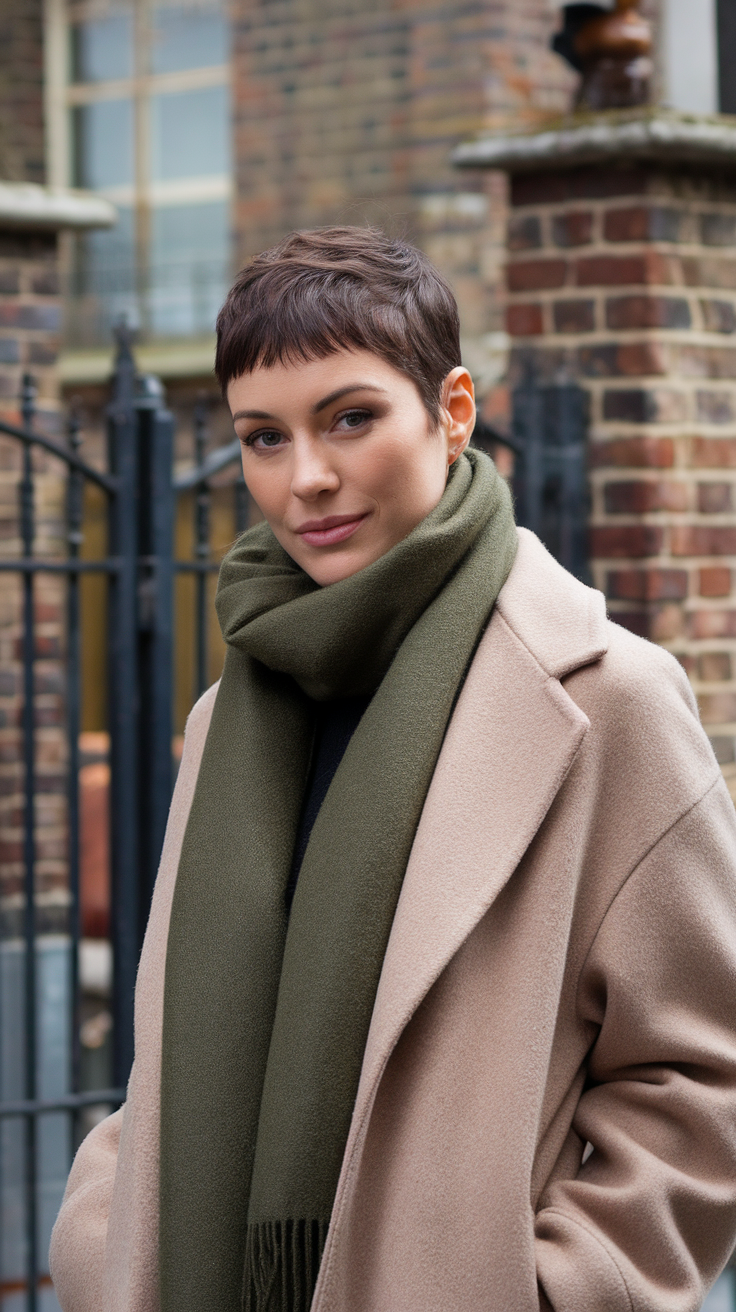 A person with a boyish crop hairstyle wearing a scarf and coat outdoors.