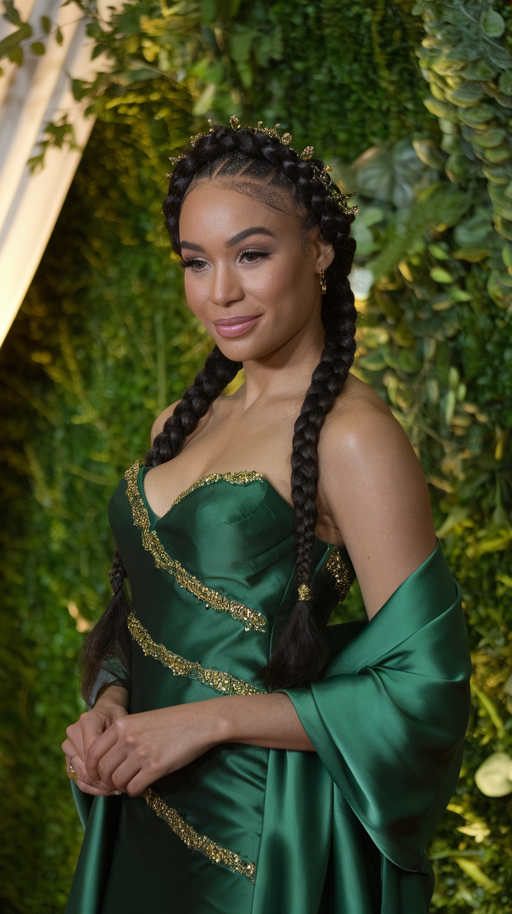 A woman wearing a green dress with a braided crown hairstyle, standing in front of a leafy background.