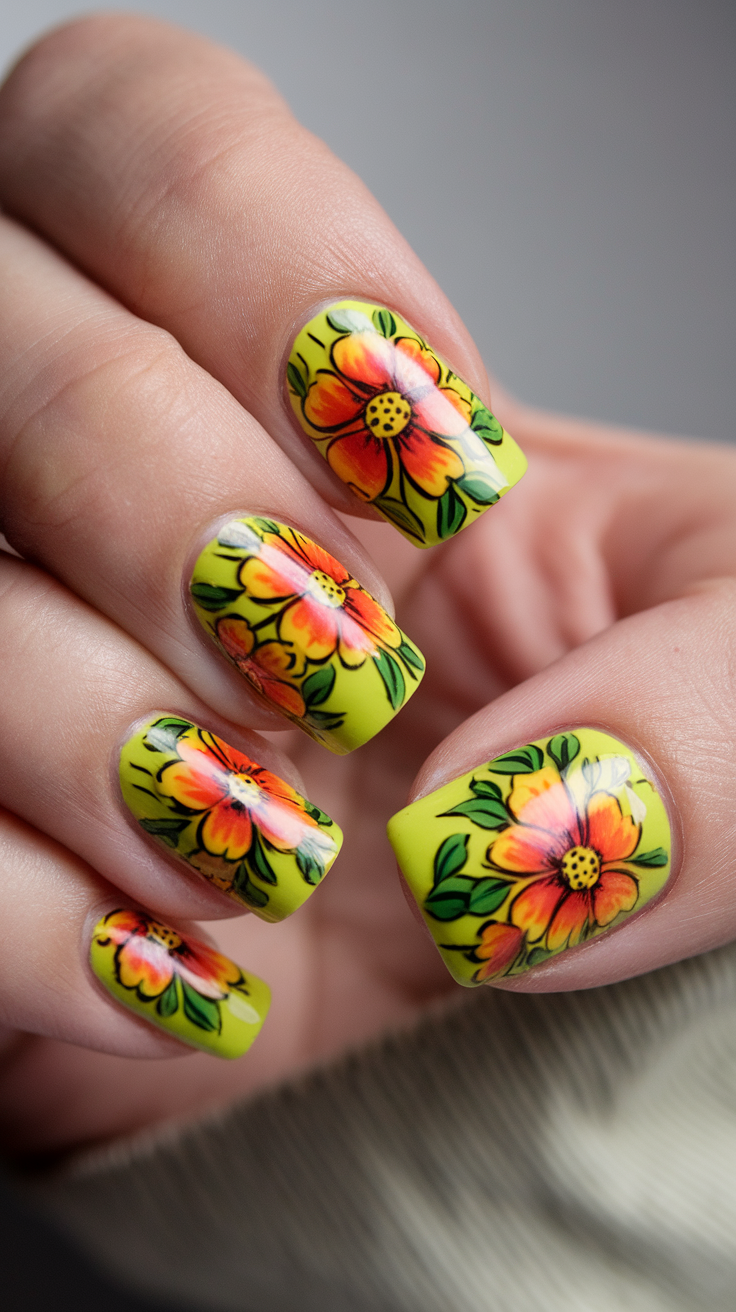 A close-up of colorful nail art featuring bright marigold flowers on a yellow background.