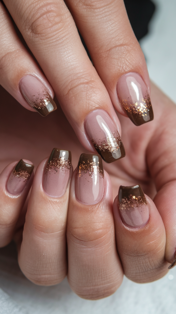 Close-up of hands with nails featuring bronze glitter fade design.