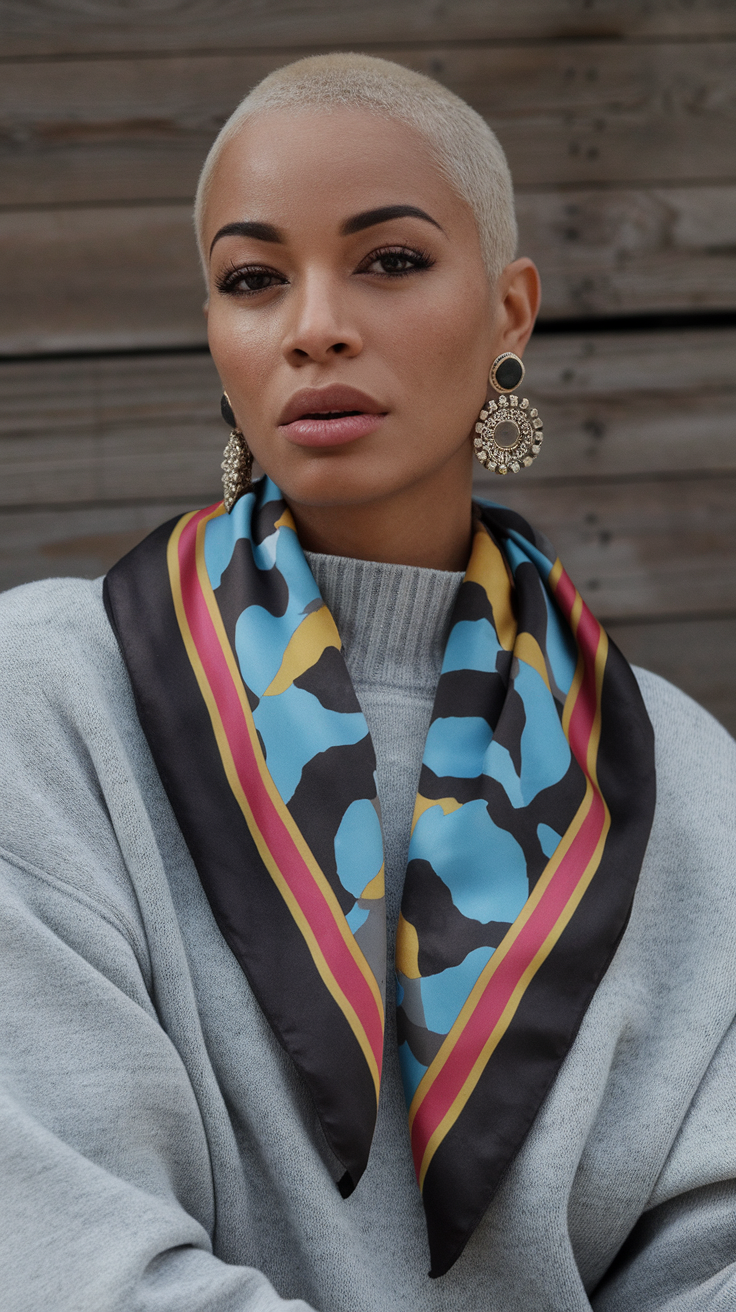 Person with a buzz cut wearing a grey sweater and a colorful scarf