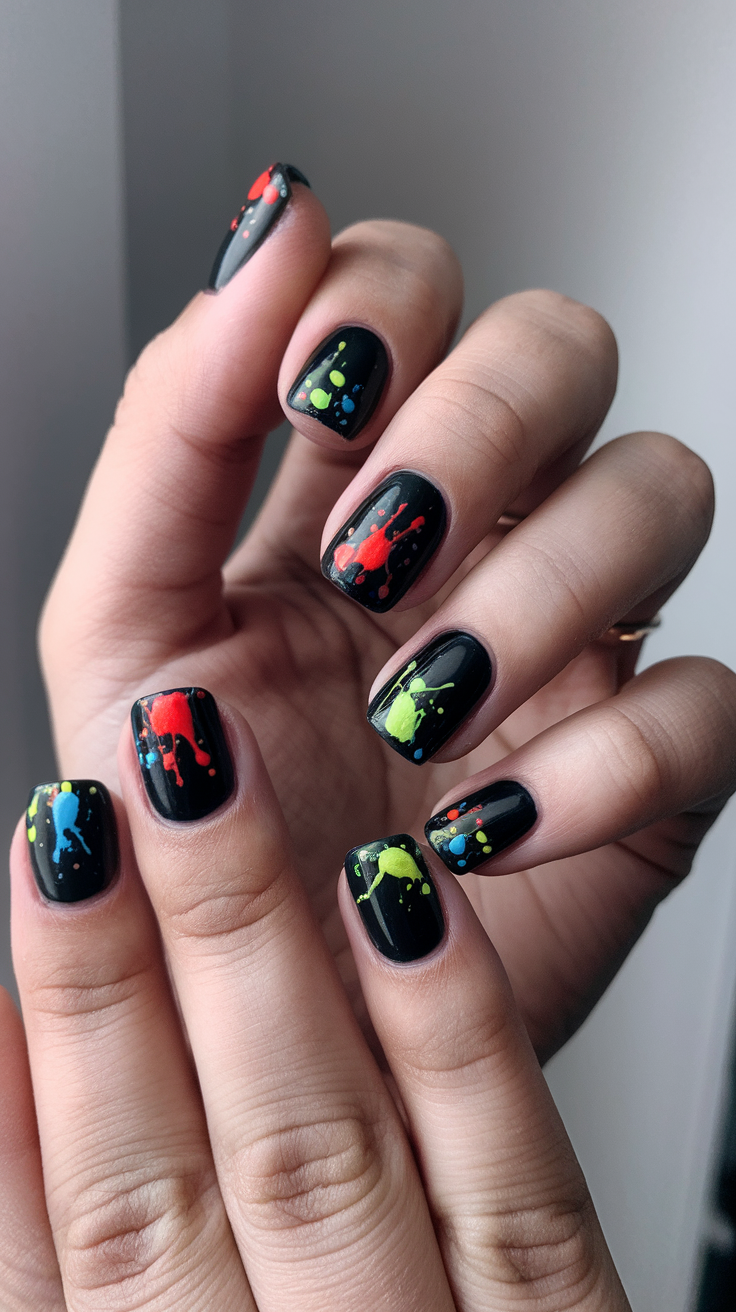 Nail art featuring charcoal black base with colorful splatter in red, yellow, and blue.