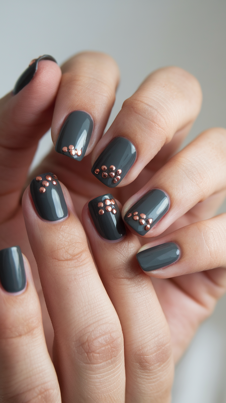 A close-up of hands with charcoal gray nails featuring copper dot accents.