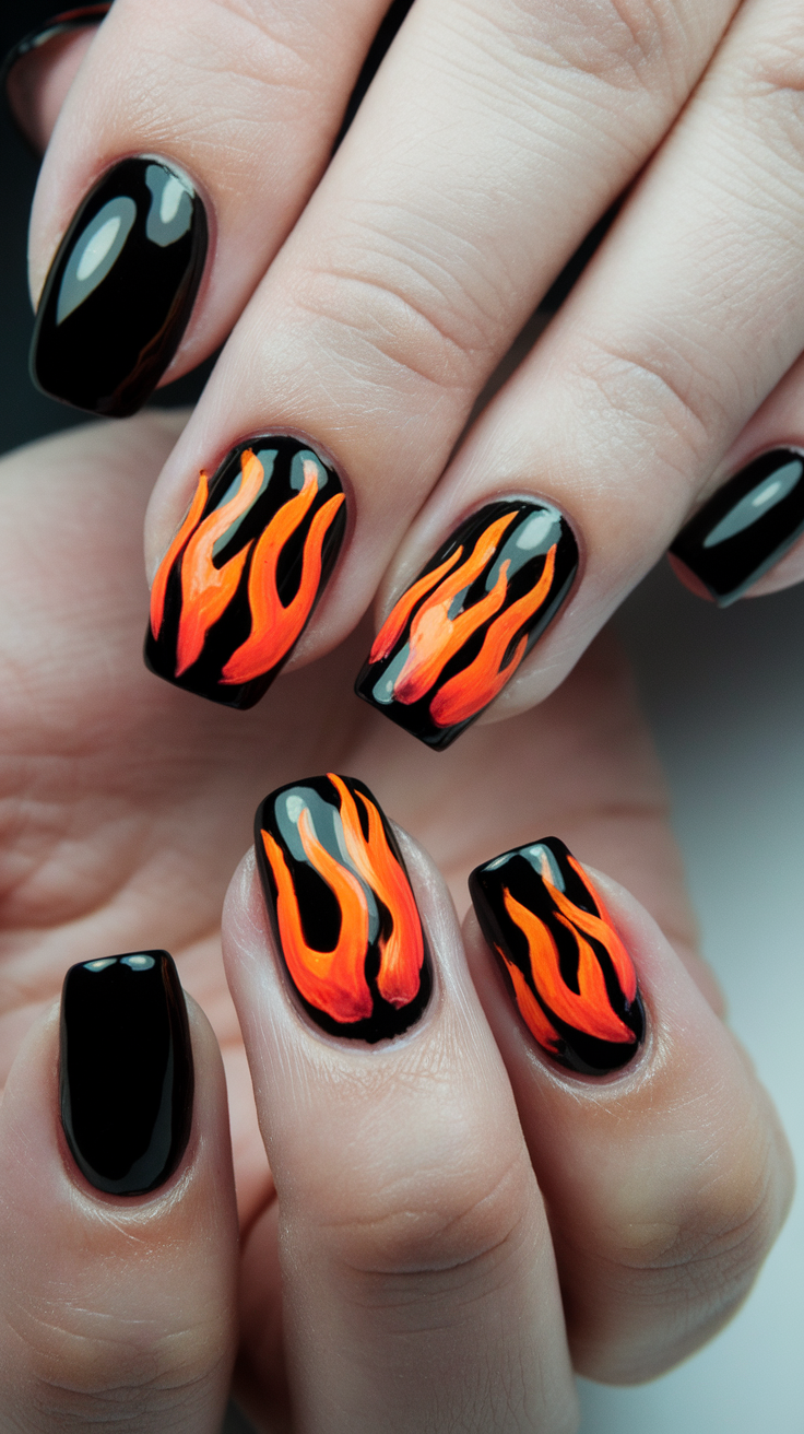 Nail art featuring black nails with vibrant orange flame designs.