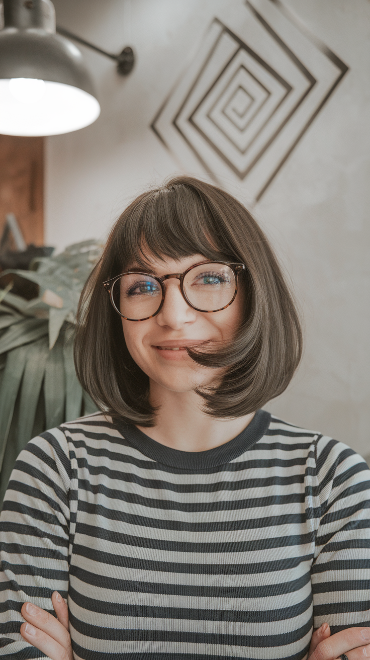 A smiling woman with a chic bob hairstyle and bangs, wearing glasses and a striped shirt.