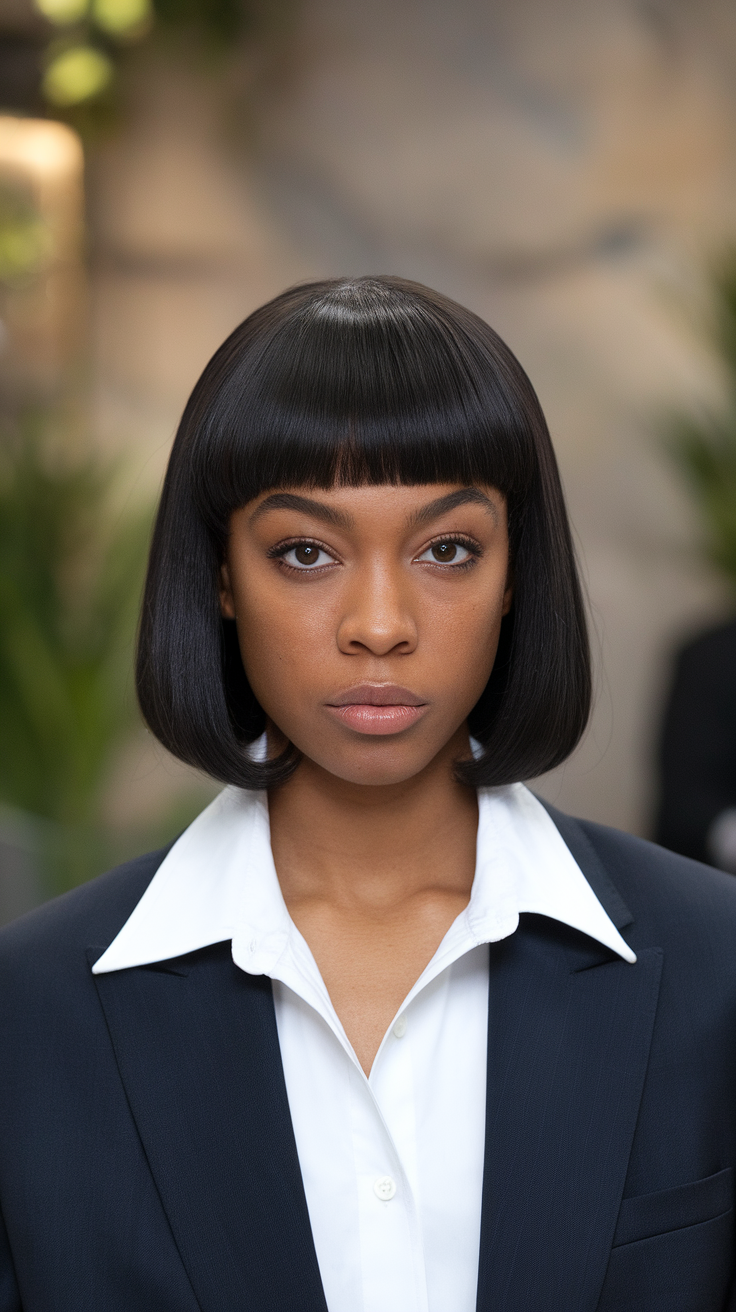 A woman with a classic blunt cut hairstyle, wearing a dark suit and white shirt, looking confidently at the camera.