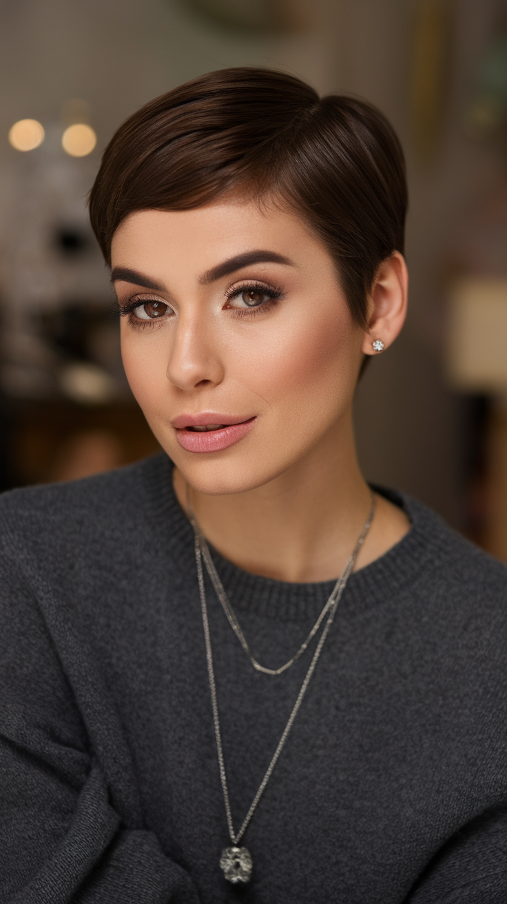 A woman with a classic short pixie haircut, wearing a grey sweater and layered necklaces, looking confidently at the camera.