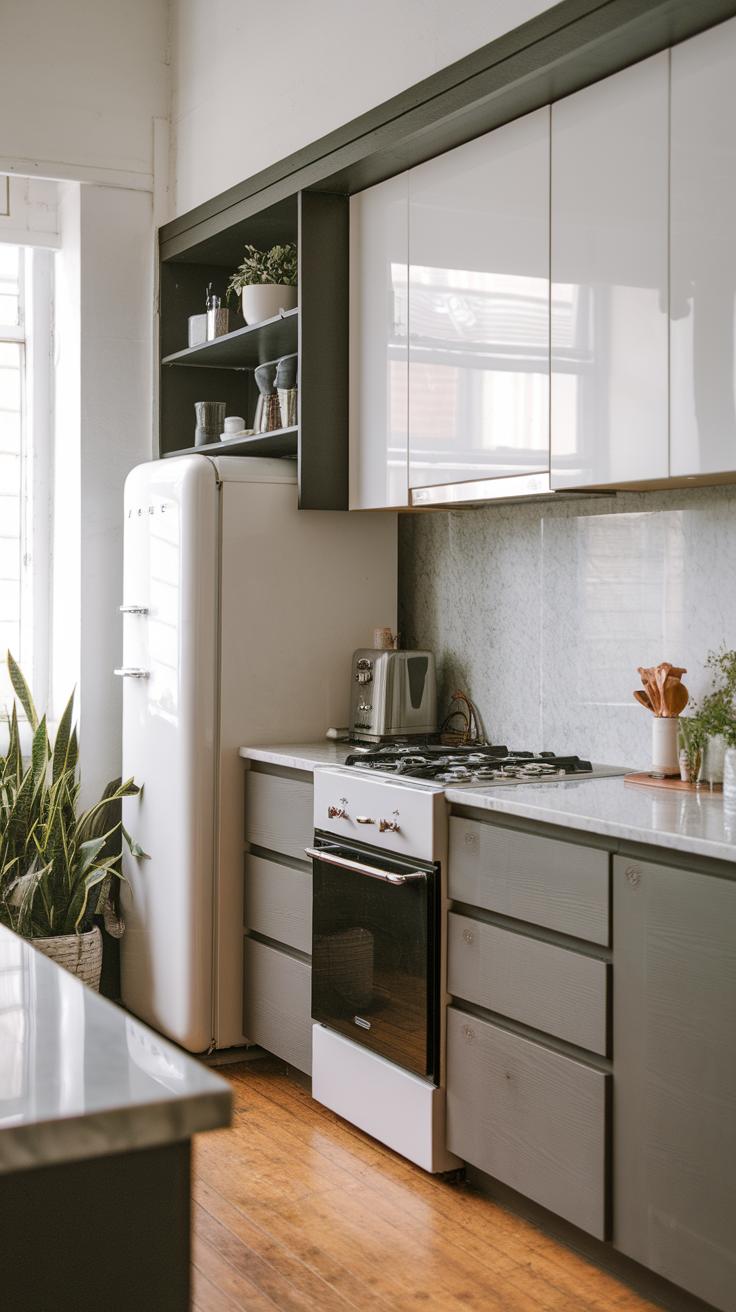 A modern compact kitchen featuring a vintage-style refrigerator, sleek cabinets, and a minimalist design.