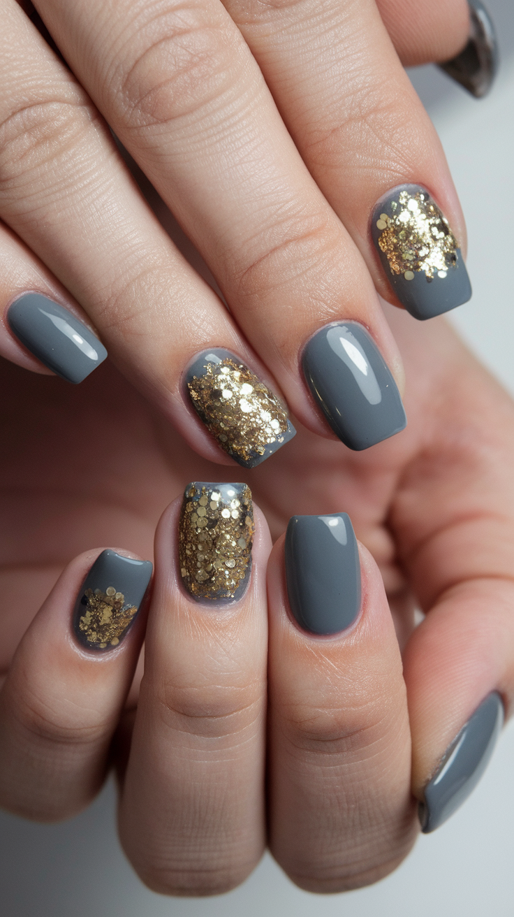 Nails painted in cool grey with gold glitter accents.