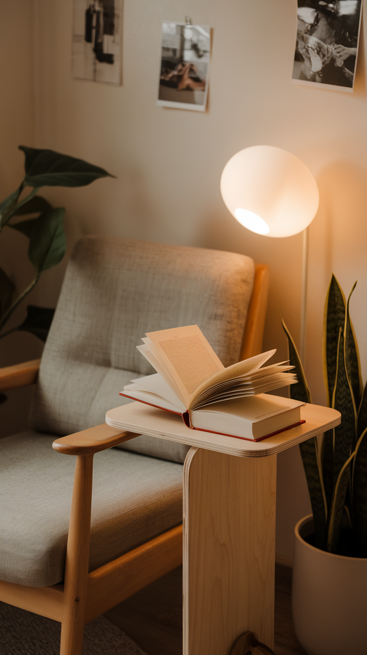 A cozy reading corner featuring a chair, a light, and an open book on a small table.