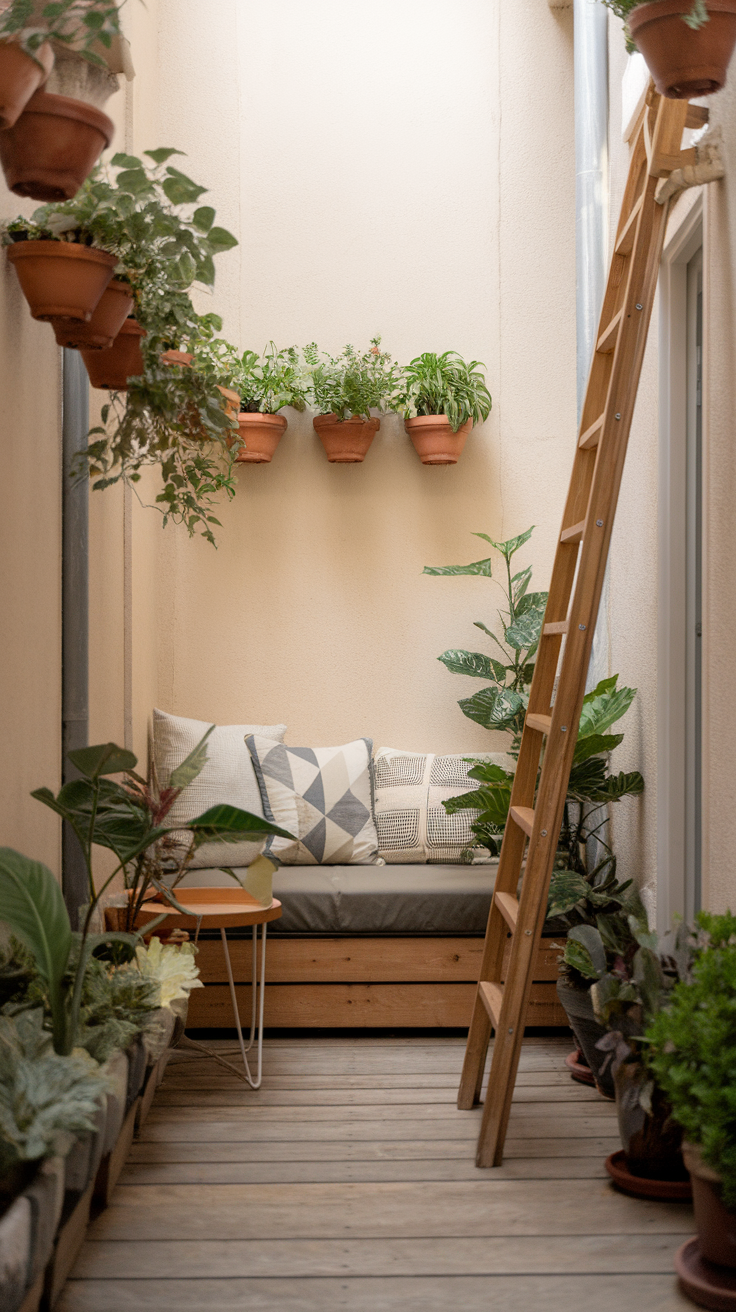 A cozy nook featuring a wooden seating area with cushions and potted plants.