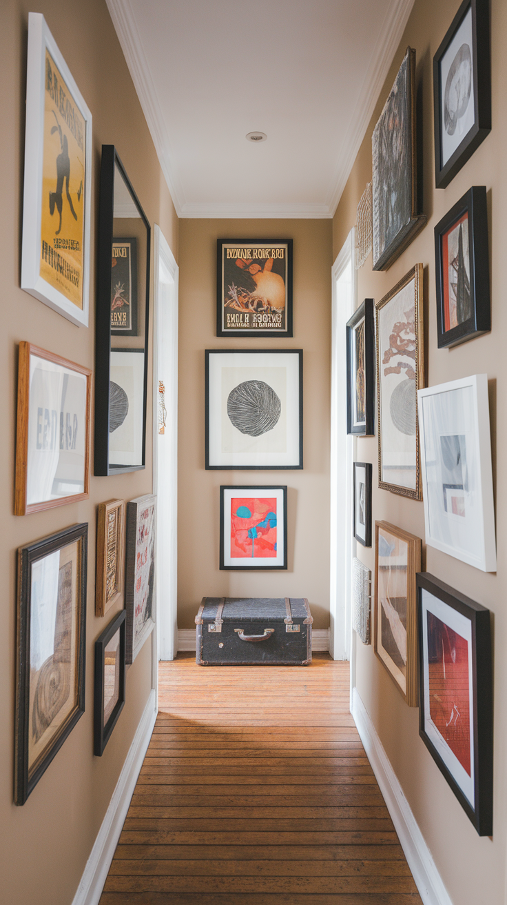 A hallway featuring a gallery wall filled with various framed artworks and a vintage suitcase.