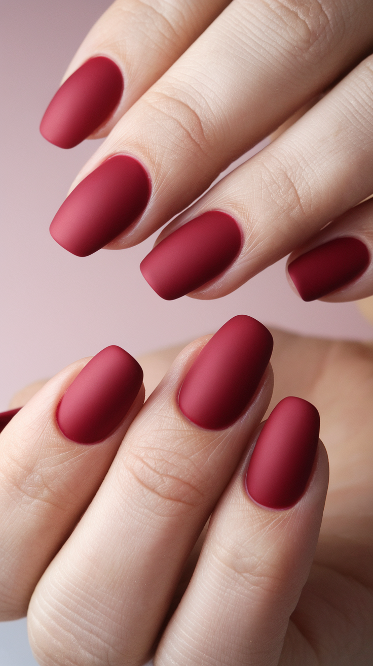 Close-up of hands with crimson matte finish nails.