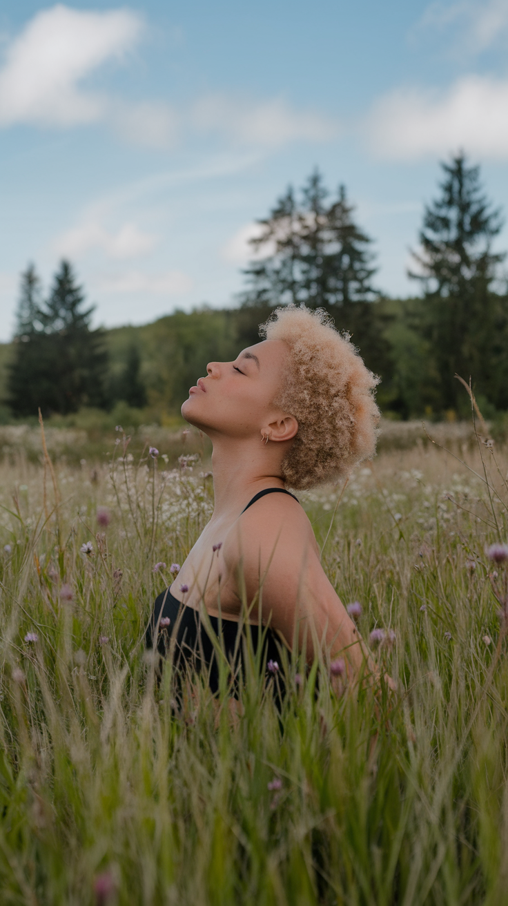 Close-up of a person with a short curly afro, showcasing natural texture and vibrant curls. The hairstyle appears carefree and stylish, radiating confidence and individuality, ideal for any occasion.