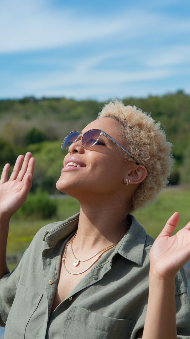 A person with a curly TWA hairstyle enjoying the outdoors, wearing sunglasses and a casual shirt.