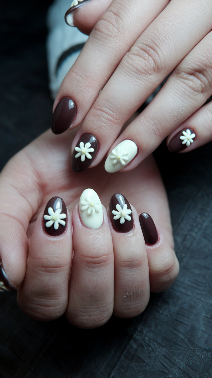 Nail design featuring dark chocolate and cream colors with flower accents