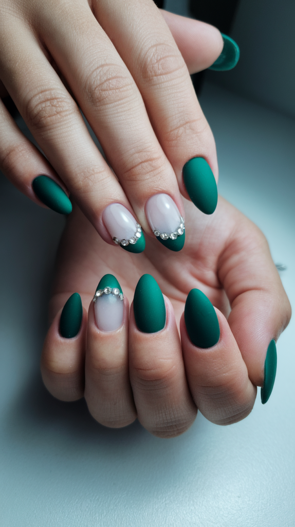 Close-up of hands with deep forest green nails featuring a glossy finish and decorative gems.