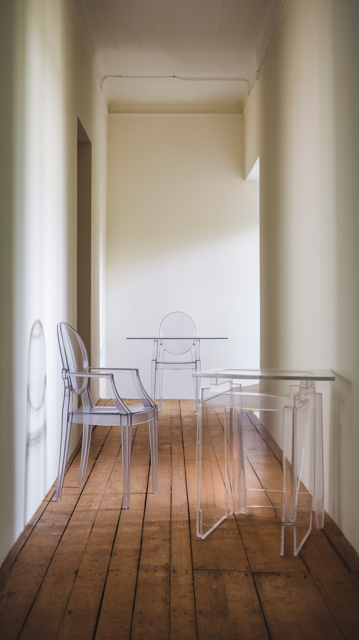 A minimalist interior featuring clear chairs and a table in a bright hallway.