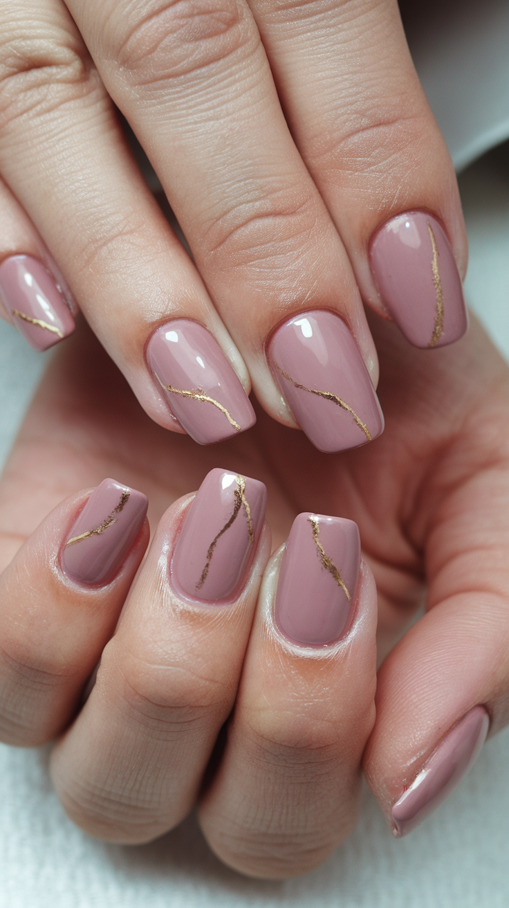 Nails painted in dusty rose color with gold line accents