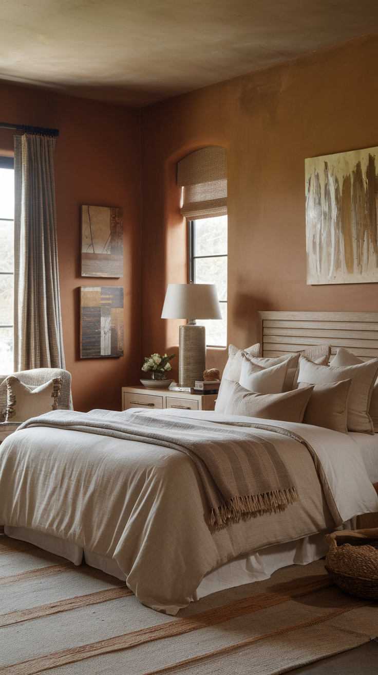 A cozy bedroom featuring an earthy color palette with warm tones.