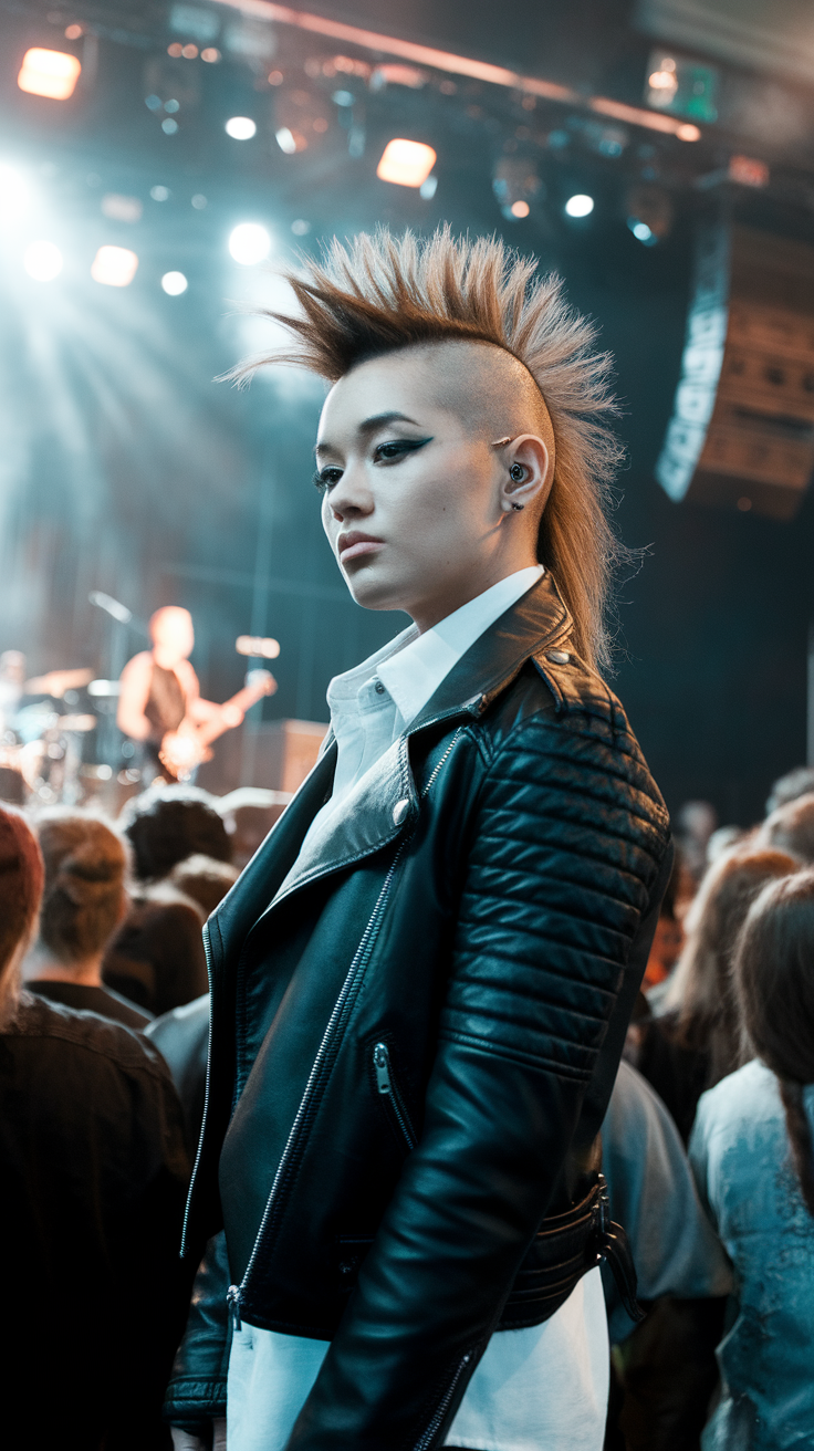 A person with a mohawk hairstyle and a leather jacket at a concert.