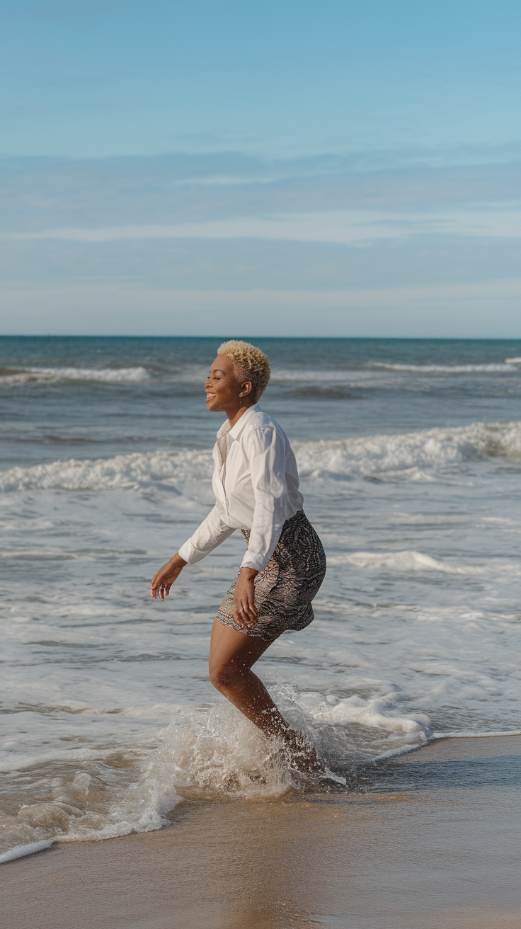 A woman joyfully walking along the beach, enjoying the waves with a feathered haircut.