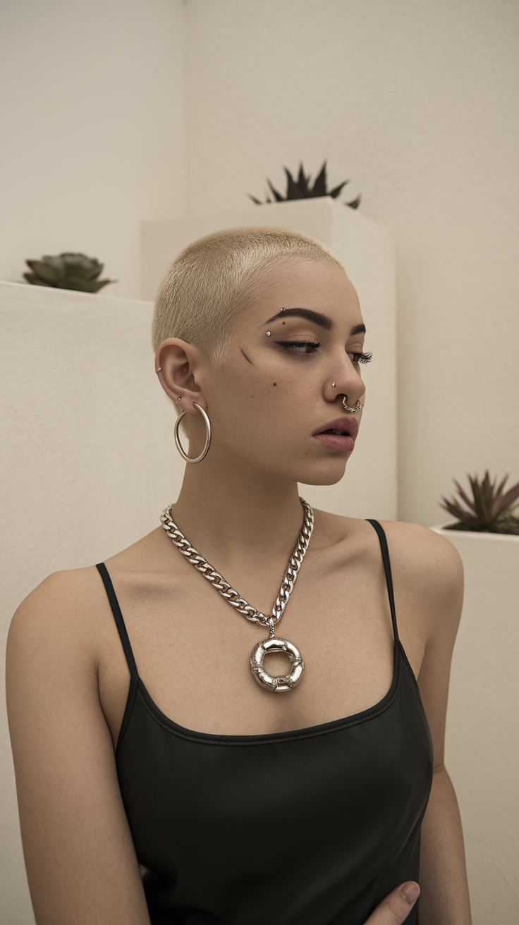 A person with a feminine buzz cut, wearing bold makeup and jewelry, looking confidently at the side.