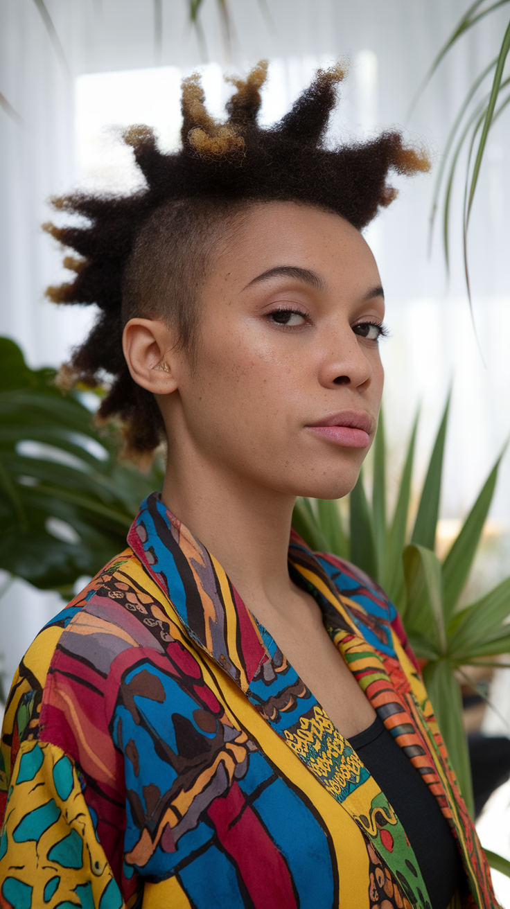 A person with a frohawk hairstyle, wearing a colorful patterned jacket, standing in a bright indoor space with plants.