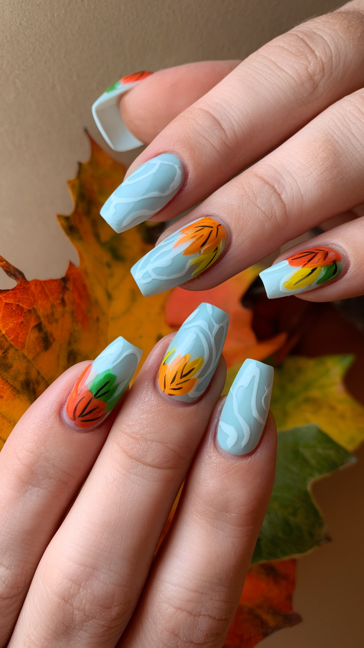 Nail art featuring frosted white base with colorful fall leaf designs.