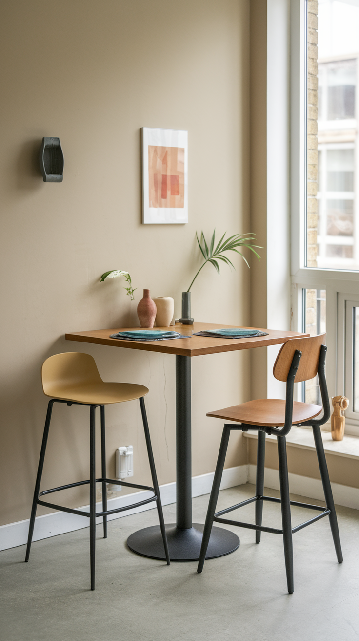 A modern dining area with a sleek table and chairs, decorated with minimalistic decor and a window for natural light.