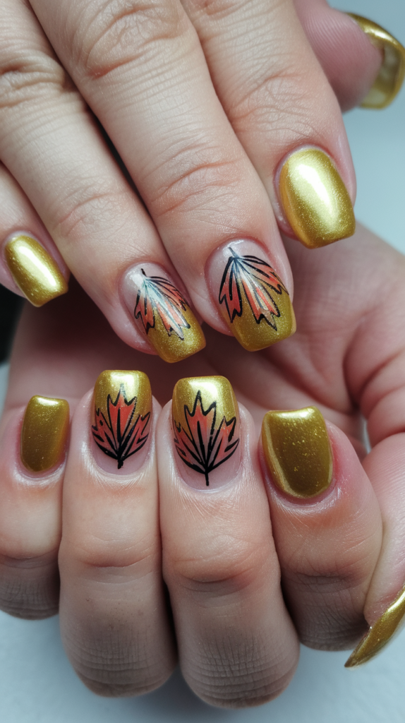 Close-up of hands with golden nail polish and maple leaf designs.