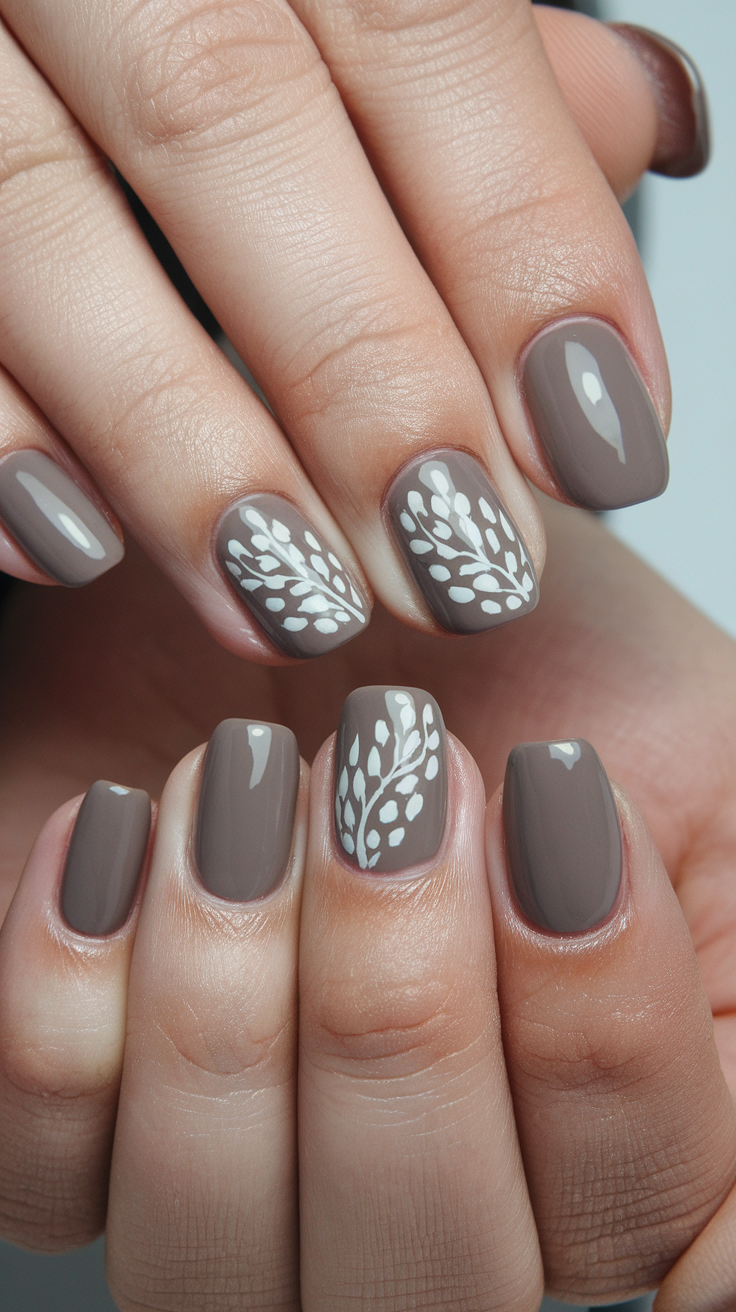 Nails painted in grayish taupe with a delicate white leaf motif.