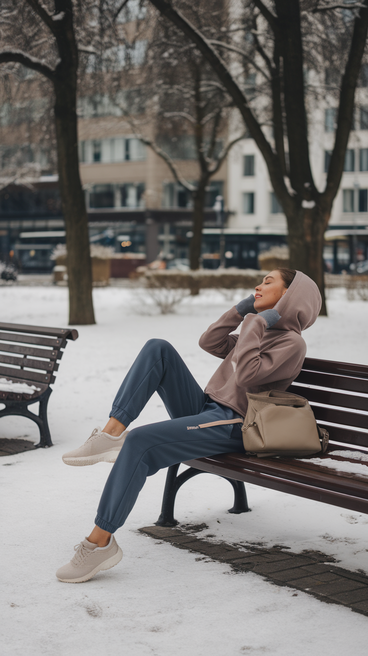 A woman relaxing on a bench in winter attire, wearing a hoodie and joggers.