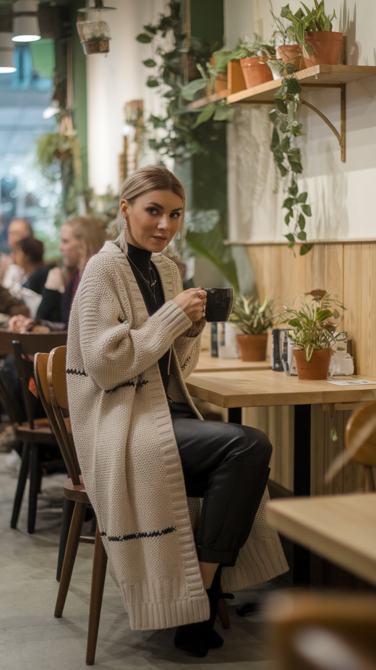 A woman sitting in a café wearing a long cardigan and holding a mug.