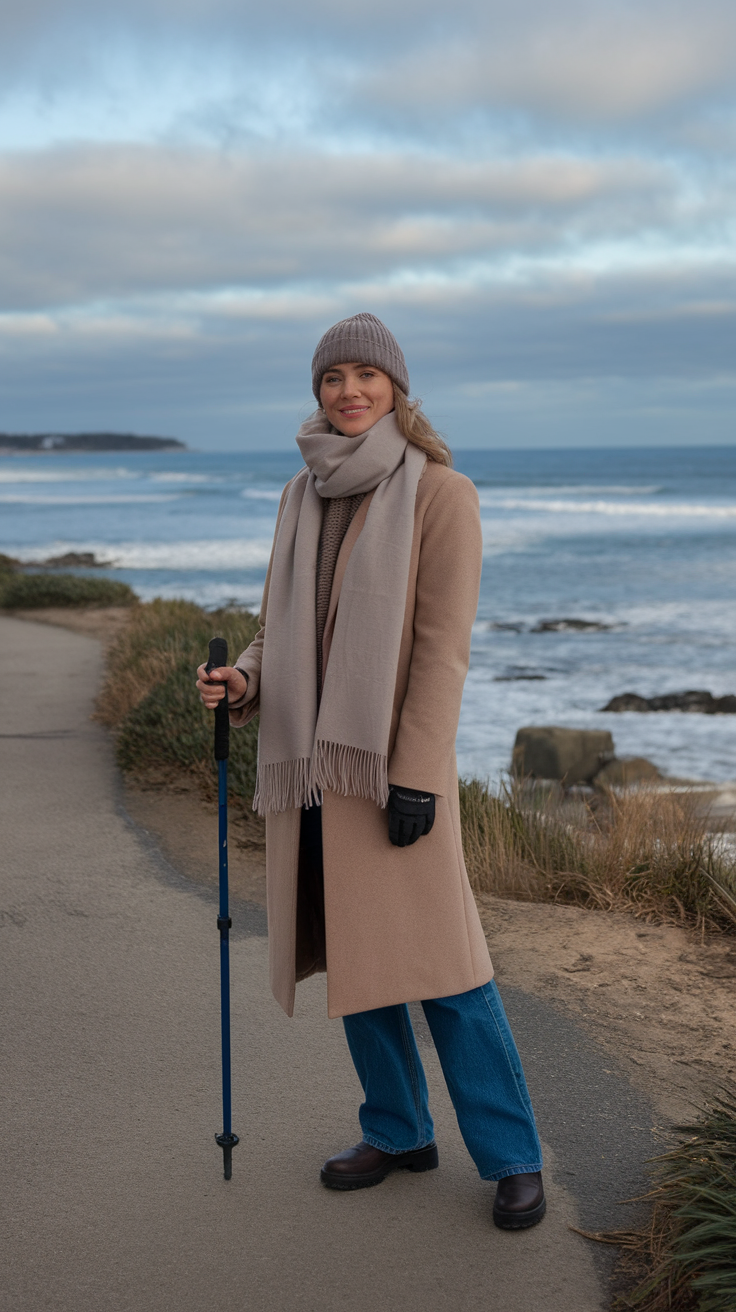 A woman in winter attire stands on a beach path with ocean waves in the background.