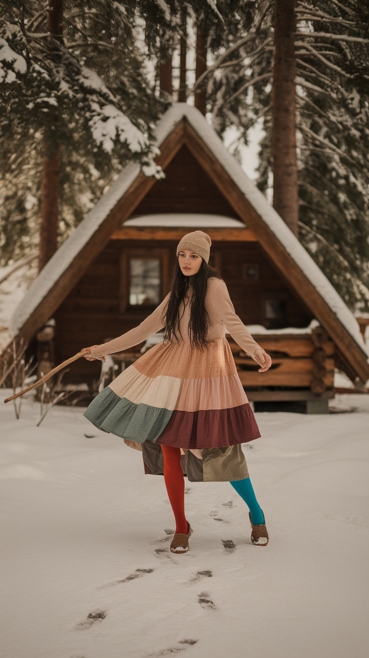 A woman twirls in a colorful layered dress and tights in a snowy forest setting.