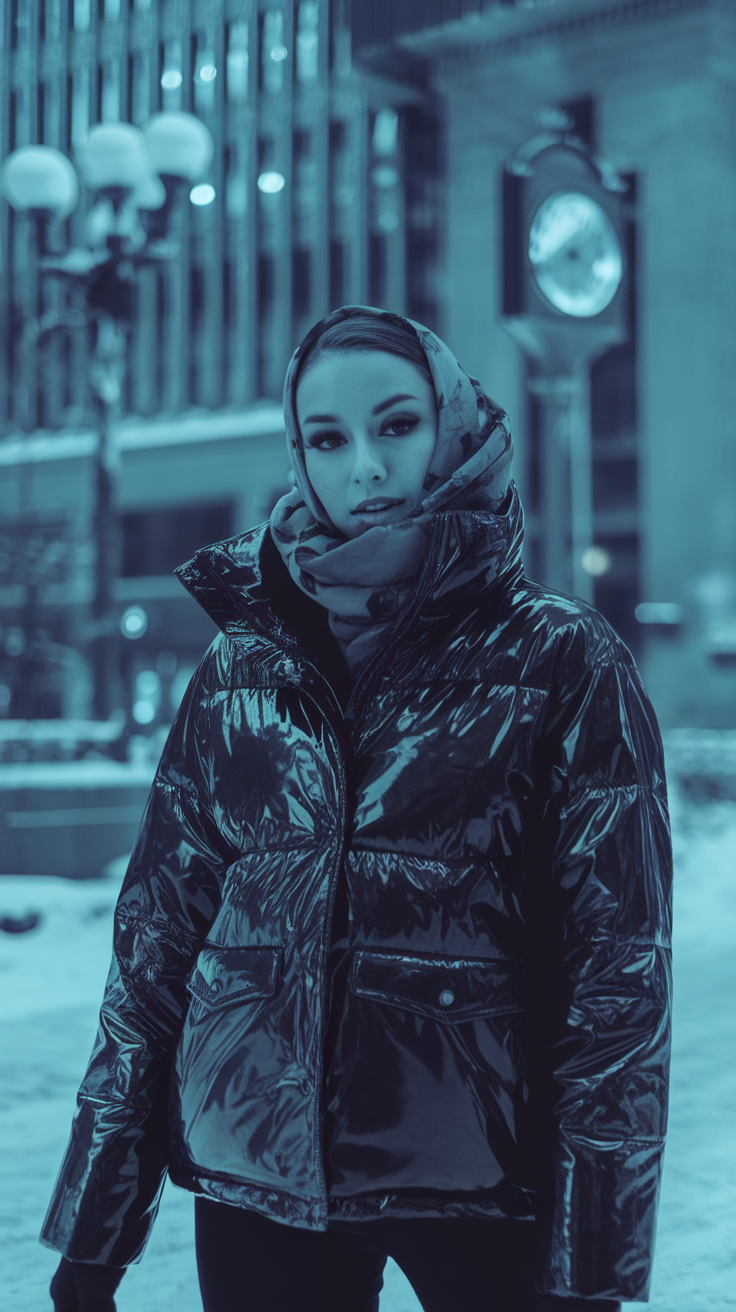 A person wearing a glossy puffer jacket and a scarf in a snowy urban setting.