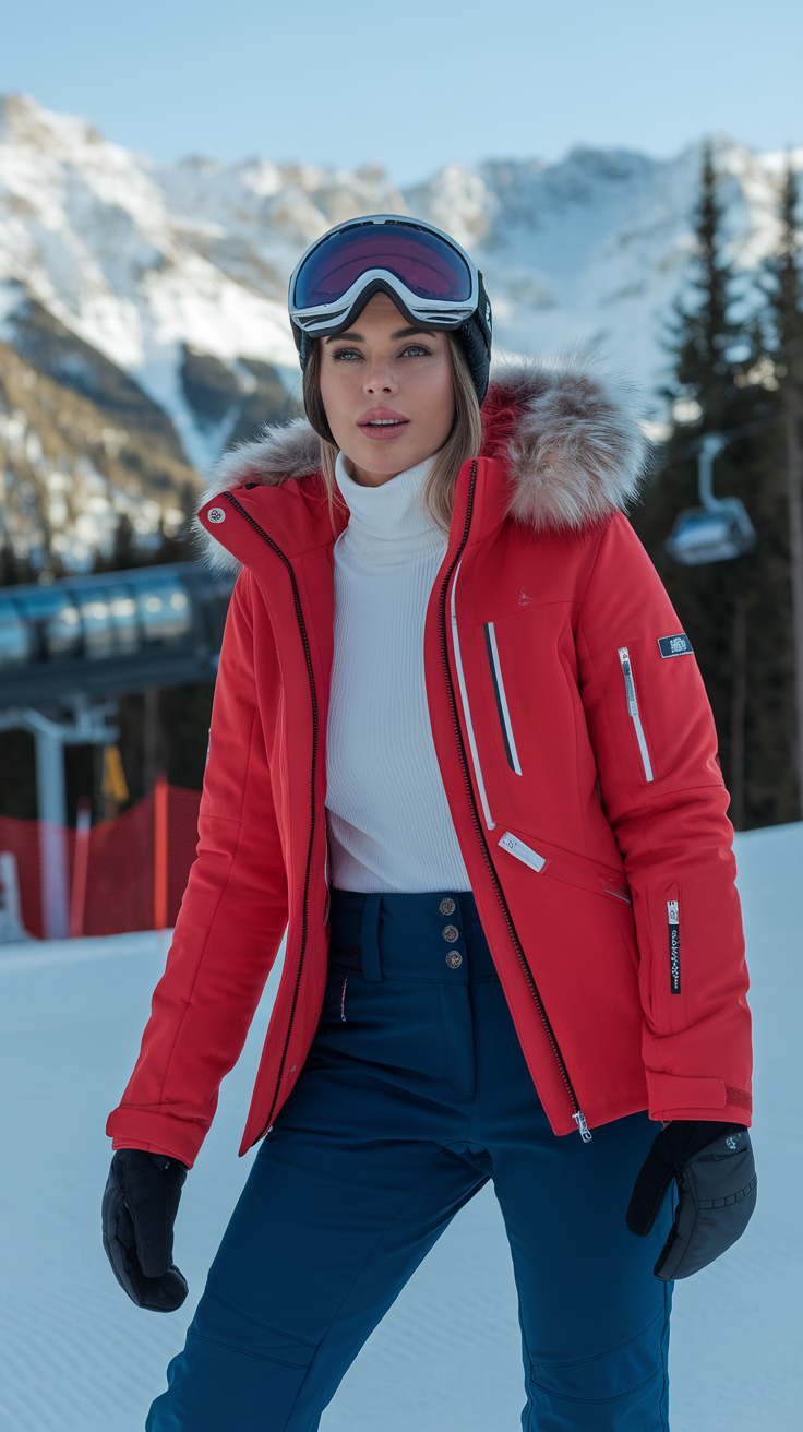 A woman in a red ski jacket with a fur hood, white turtleneck, and dark ski pants, standing on a snowy slope with mountains in the background.