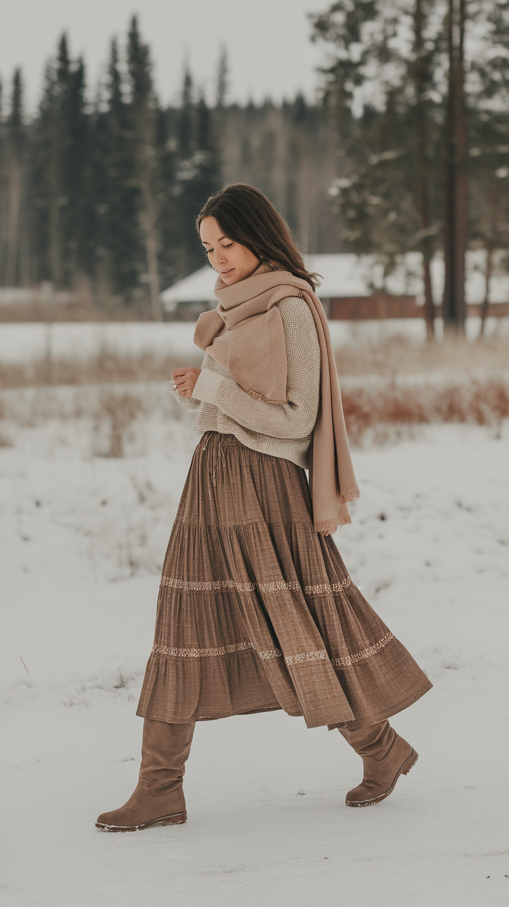 A woman walking in a snowy landscape wearing a layered skirt and a sweater