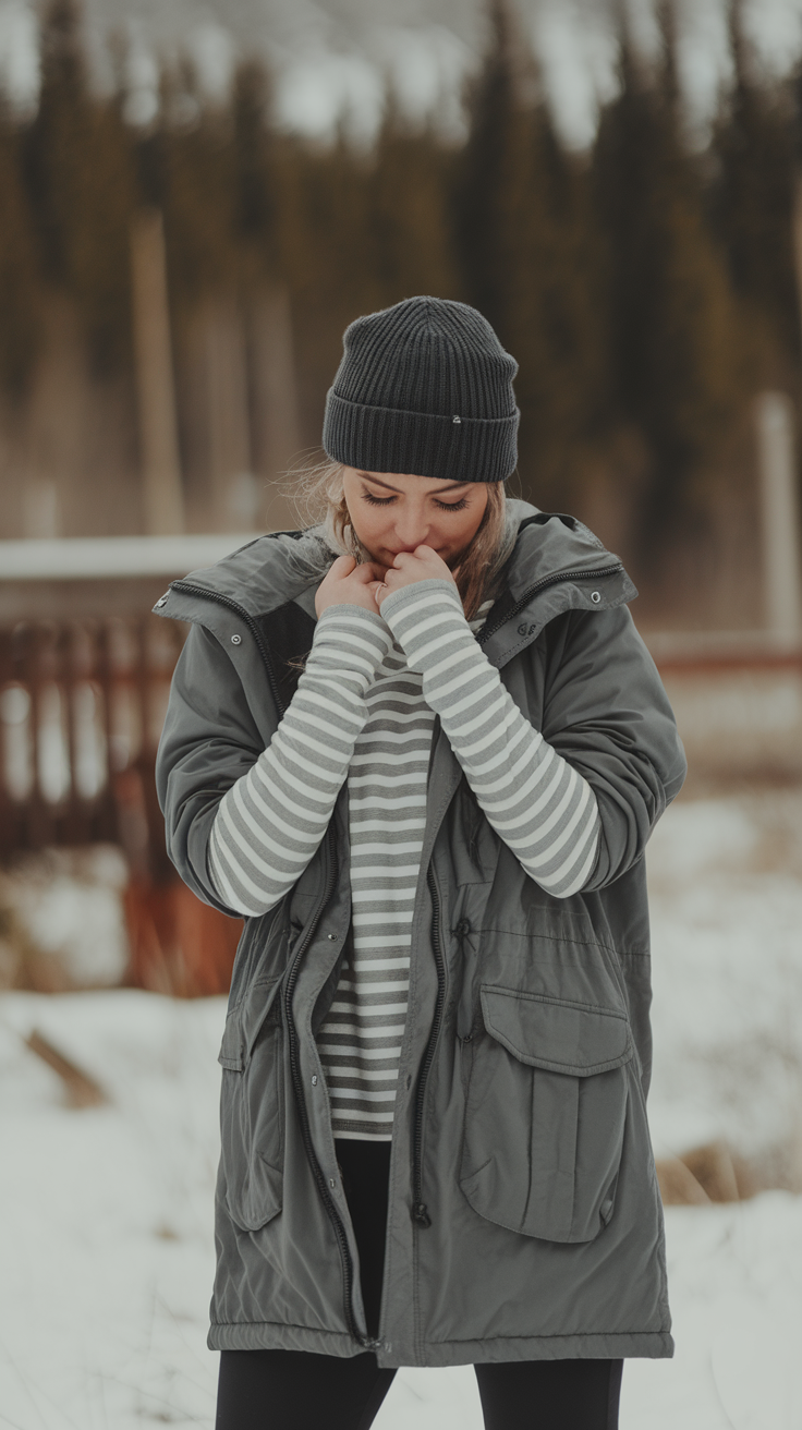 A woman in a grey jacket and striped long sleeves in a snowy outdoor setting.