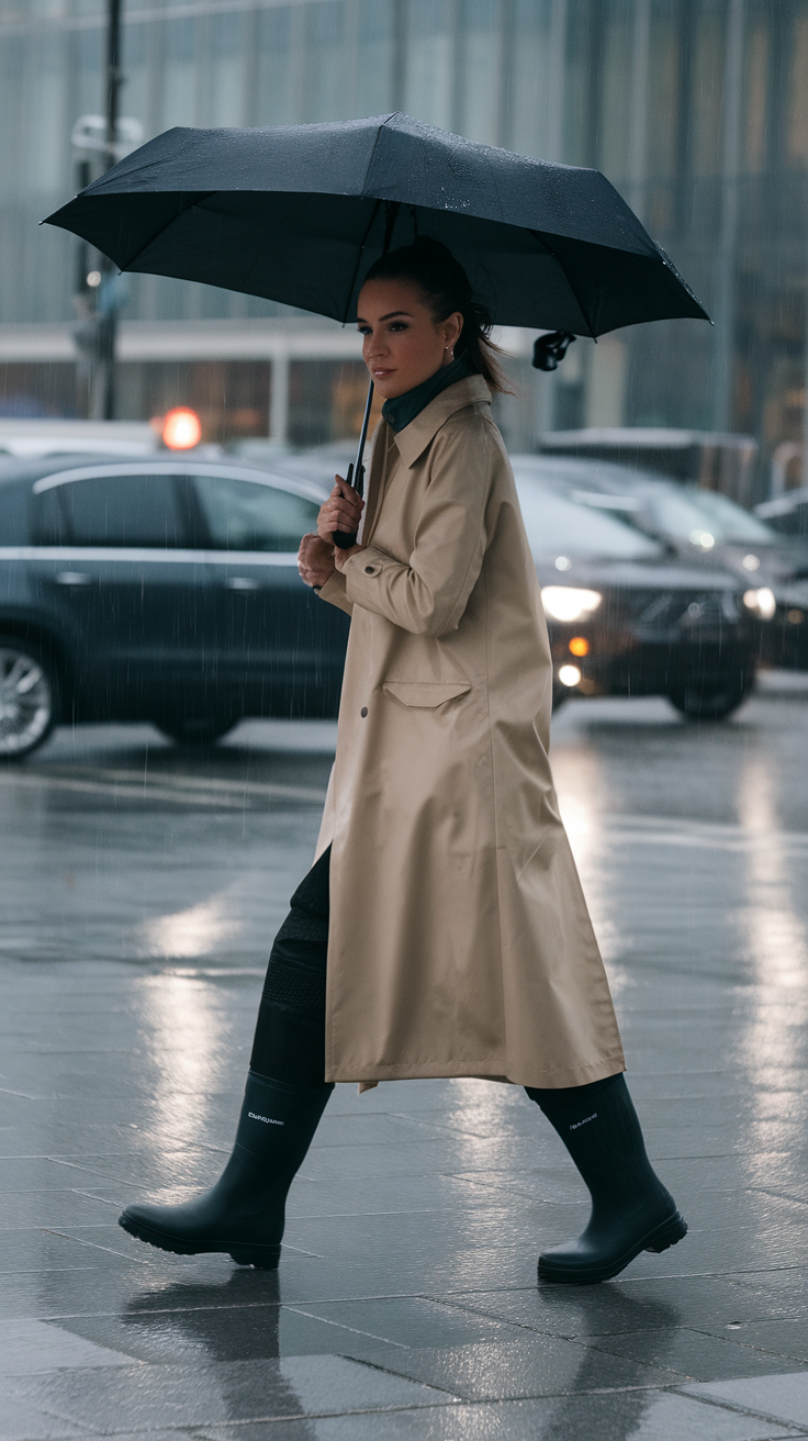 A woman walking in the rain with a beige raincoat and black umbrella.