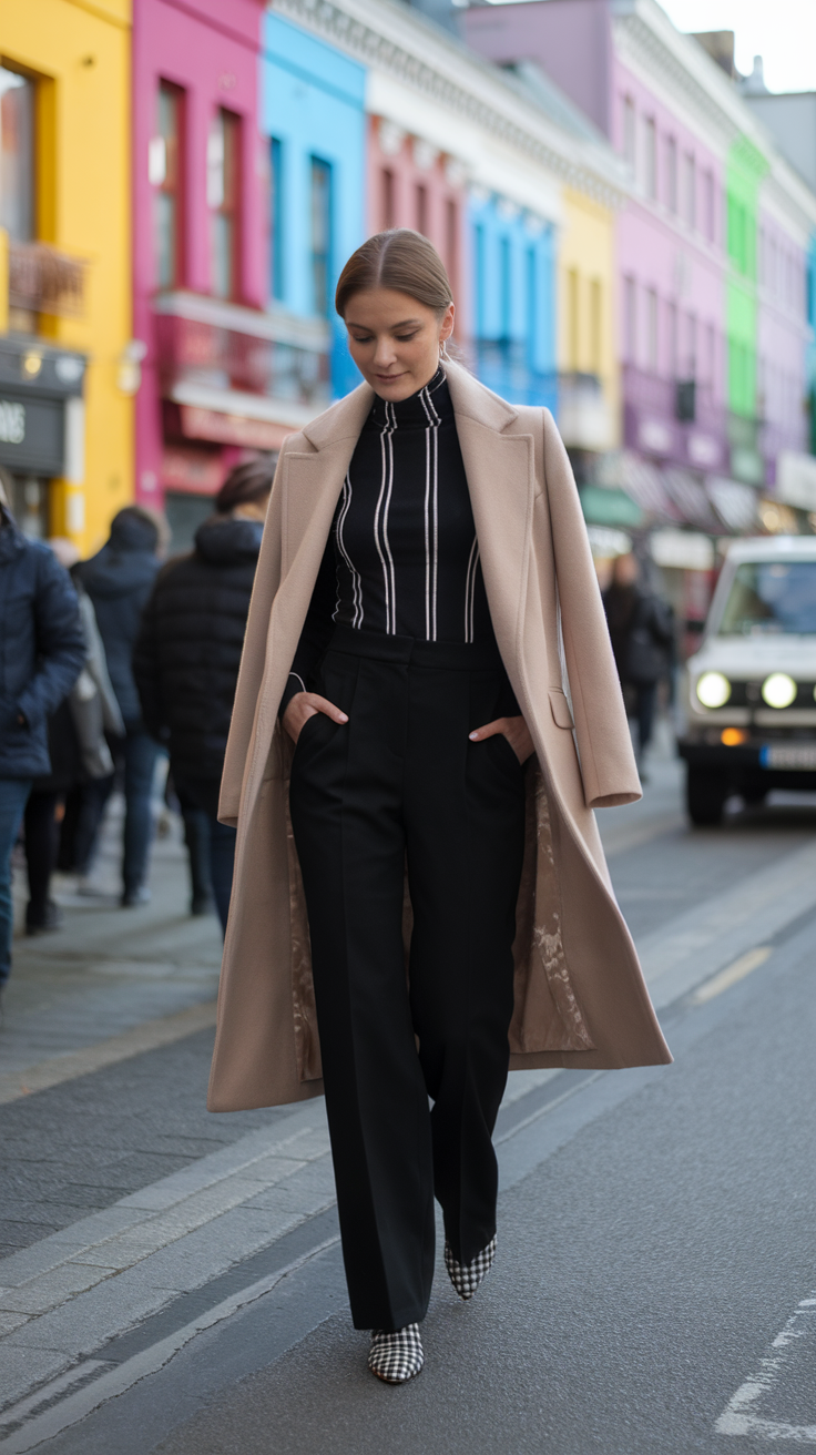 A woman in tailored pants and a stylish coat walking on a colorful street.