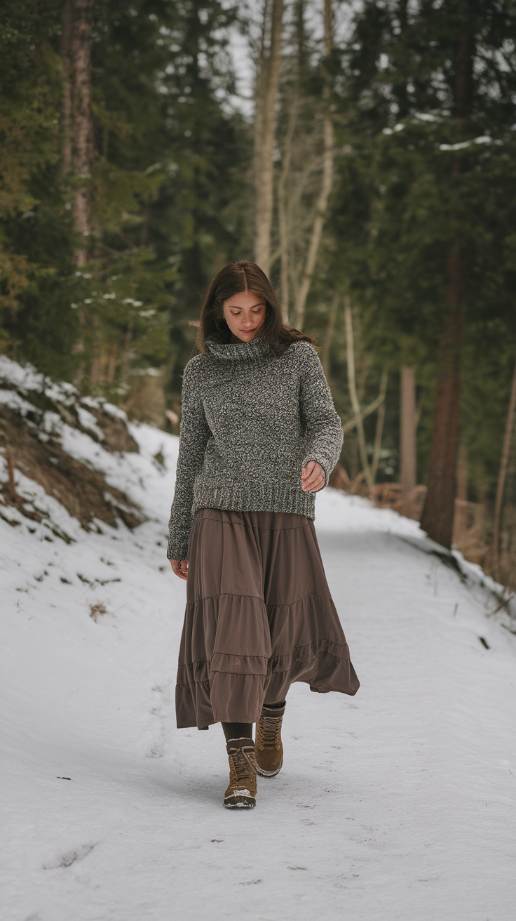 Woman walking in snow wearing a cozy sweater and a layered maxi skirt